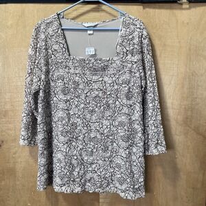 CJ Banks Women's‎ Lace Blouse Brown And Tan 3/4 Sheer Sleeve 1X NWT Lined Bodice